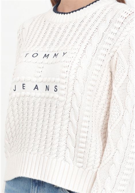 Women's cream cable-knit crew-neck sweater with logo embroidery TOMMY JEANS | DW0DW18522YBHYBH